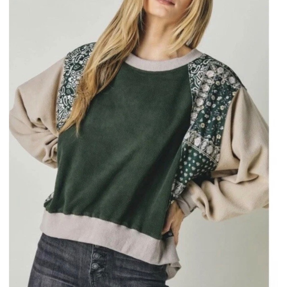 Green Tan Paisley Bandana Colorblock Fleece Sweatshirt Davi & Dani
